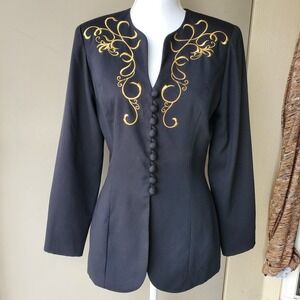 Nina K Womens 8 Black Gold Embroidered Scroll Tailored Victorian Blazer Jacket